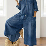 Long-Sleeve Cotton Denim Jumpsuit