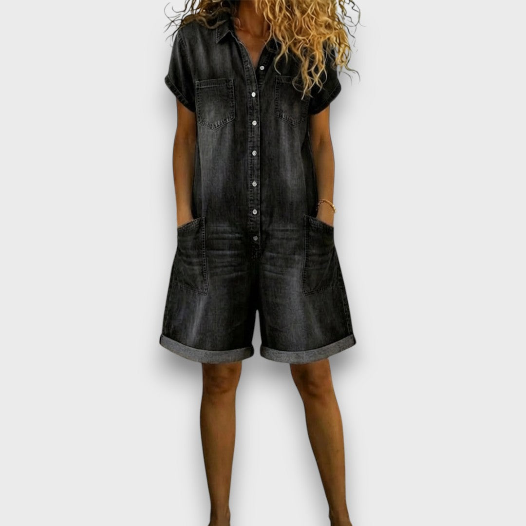 Buttoned Short-Sleeve Denim Playsuit Black, studio photo