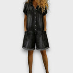 Buttoned Short-Sleeve Denim Playsuit