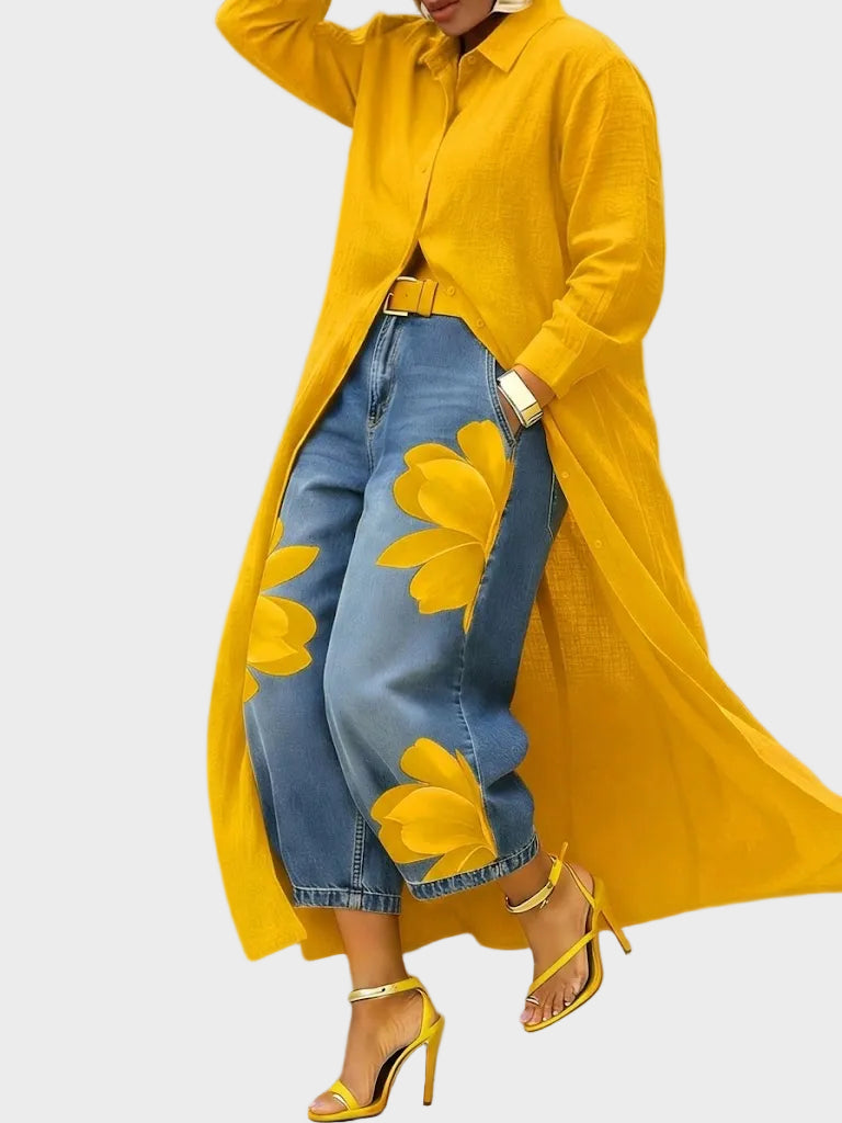Daniella | Linen Dress and Floral Denim Set Yellow, photo studio