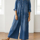 Long-Sleeve Cotton Denim Jumpsuit