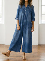 Long-Sleeve Cotton Denim Jumpsuit