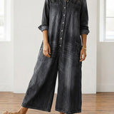 Long-Sleeve Cotton Denim Jumpsuit