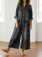Long-Sleeve Cotton Denim Jumpsuit