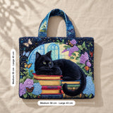 Peigi | Quilted Tote with a Cat Lounging on Books