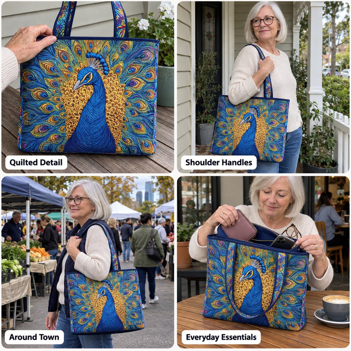 Petronella | Quilted Tote Bag with a Peacock in Full Display