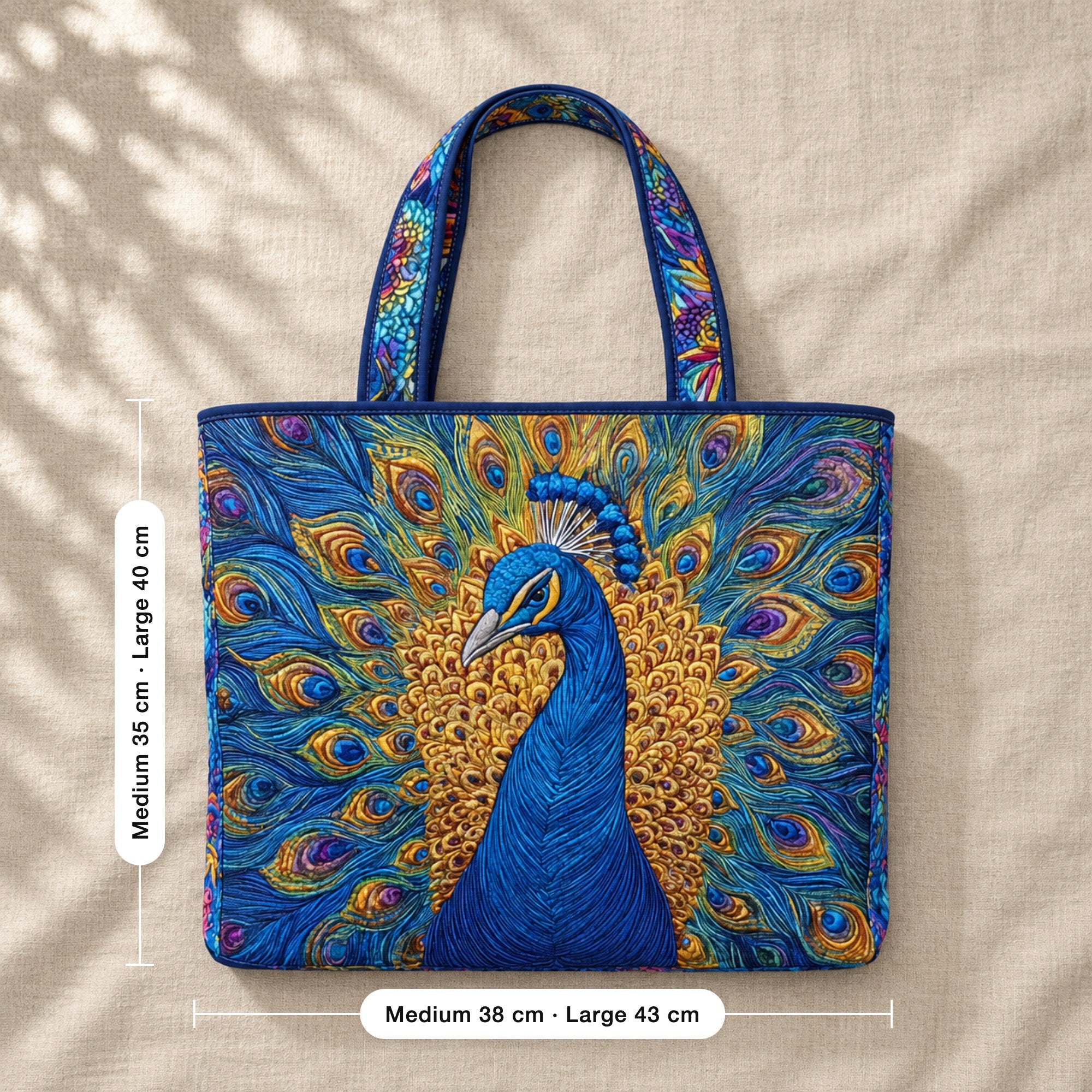 Petronella | Quilted Tote Bag with a Peacock in Full Display, flat lay with sizes