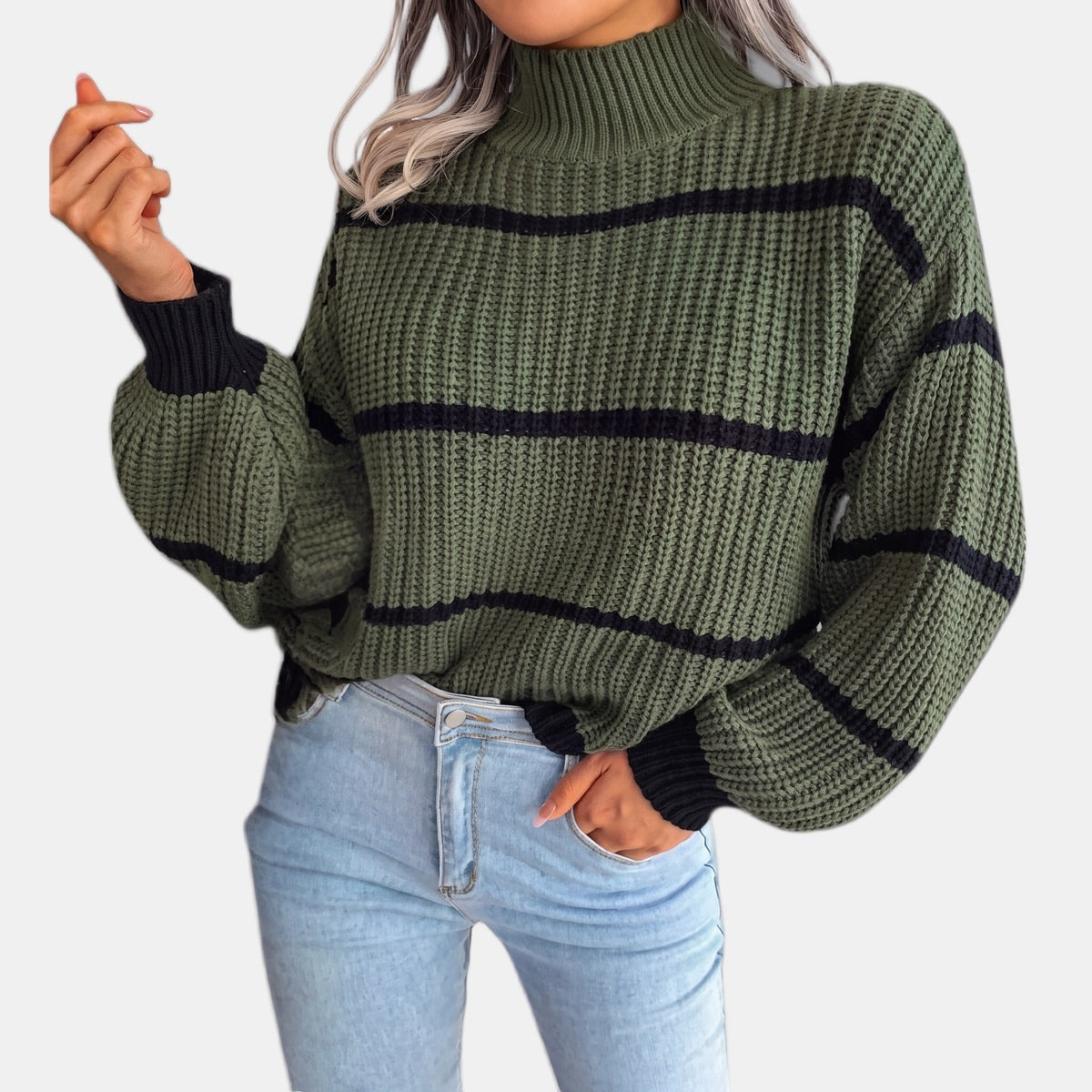 Pine Green Striped Jumper Green, studio photo