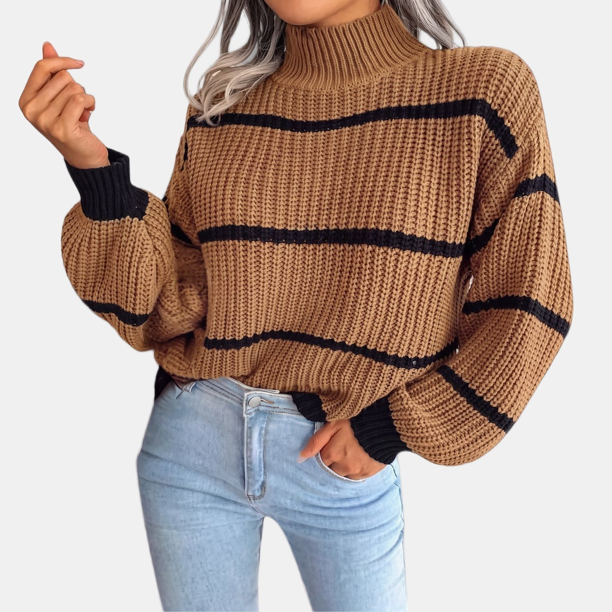 Pine Green Striped Jumper Khaki, studio photo