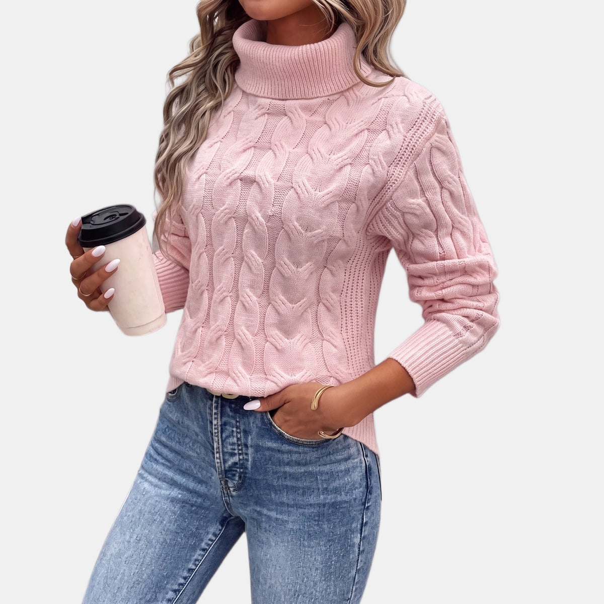 Pink Cable Knit Turtleneck Jumper Pink, studio photo