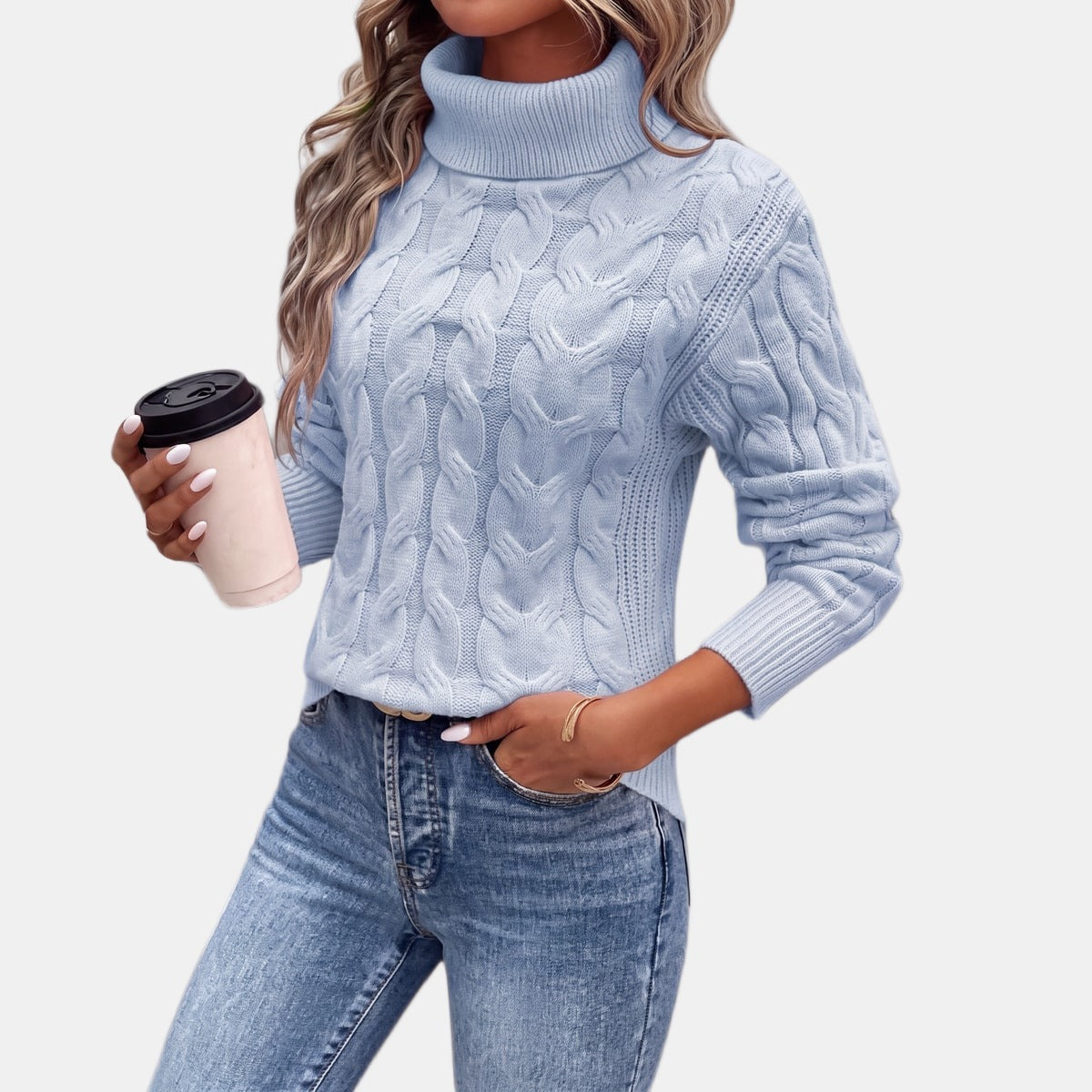 Pink Cable Knit Turtleneck Jumper Sky Blue, studio photo