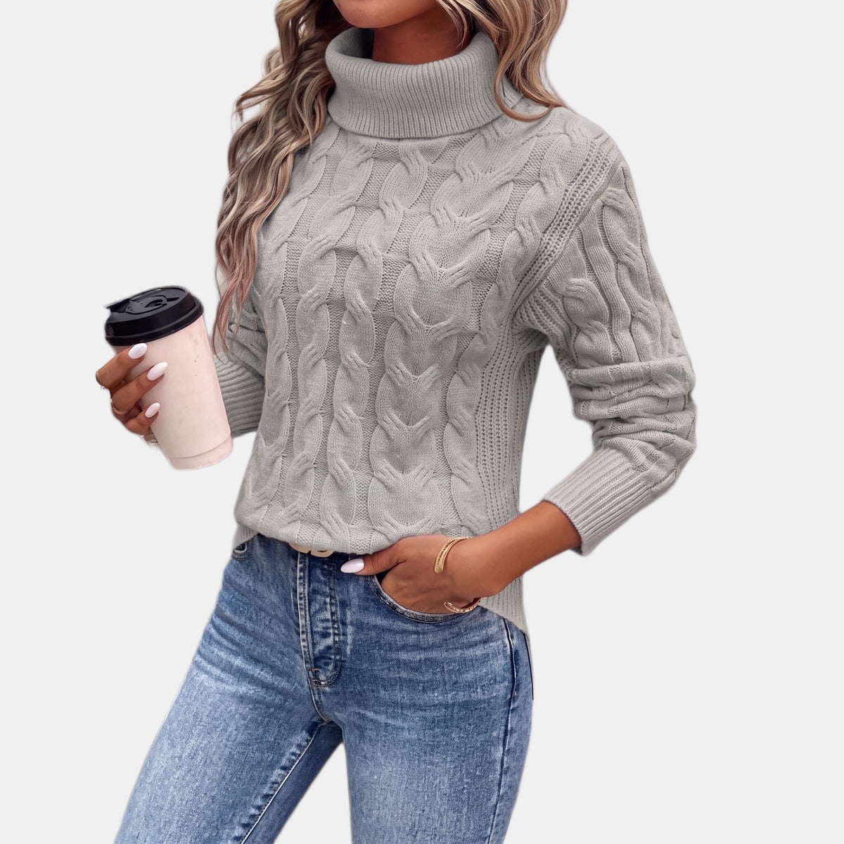 Pink Cable Knit Turtleneck Jumper Grey, studio photo