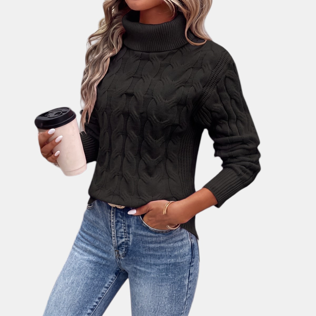 Pink Cable Knit Turtleneck Jumper Black, studio photo