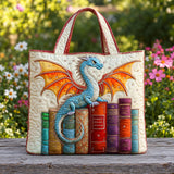 Prunella | Quilted Tote Bag with a Dragon Guarding Books