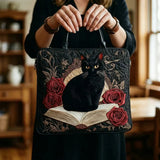 Quilted Handcrafted Bag - Black Cat with Book and Roses