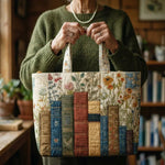 Quilted Handcrafted Bag - Books and Wildflowers