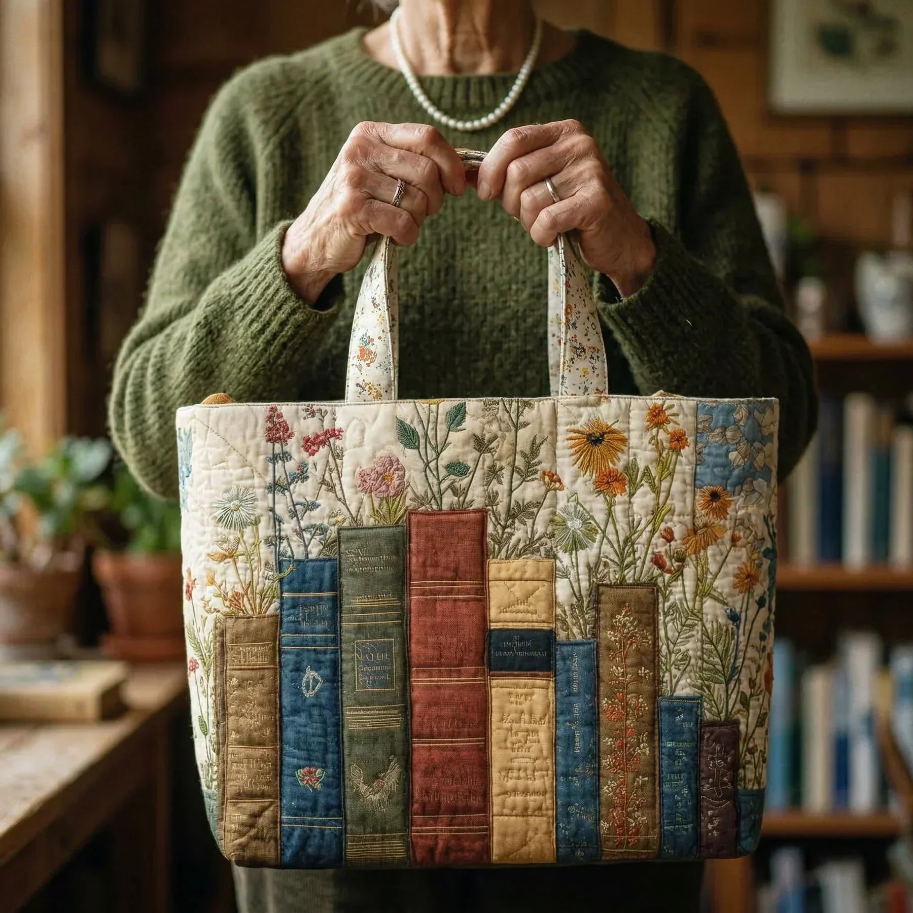 Quilted Handcrafted Bag - Books and Wildflowers