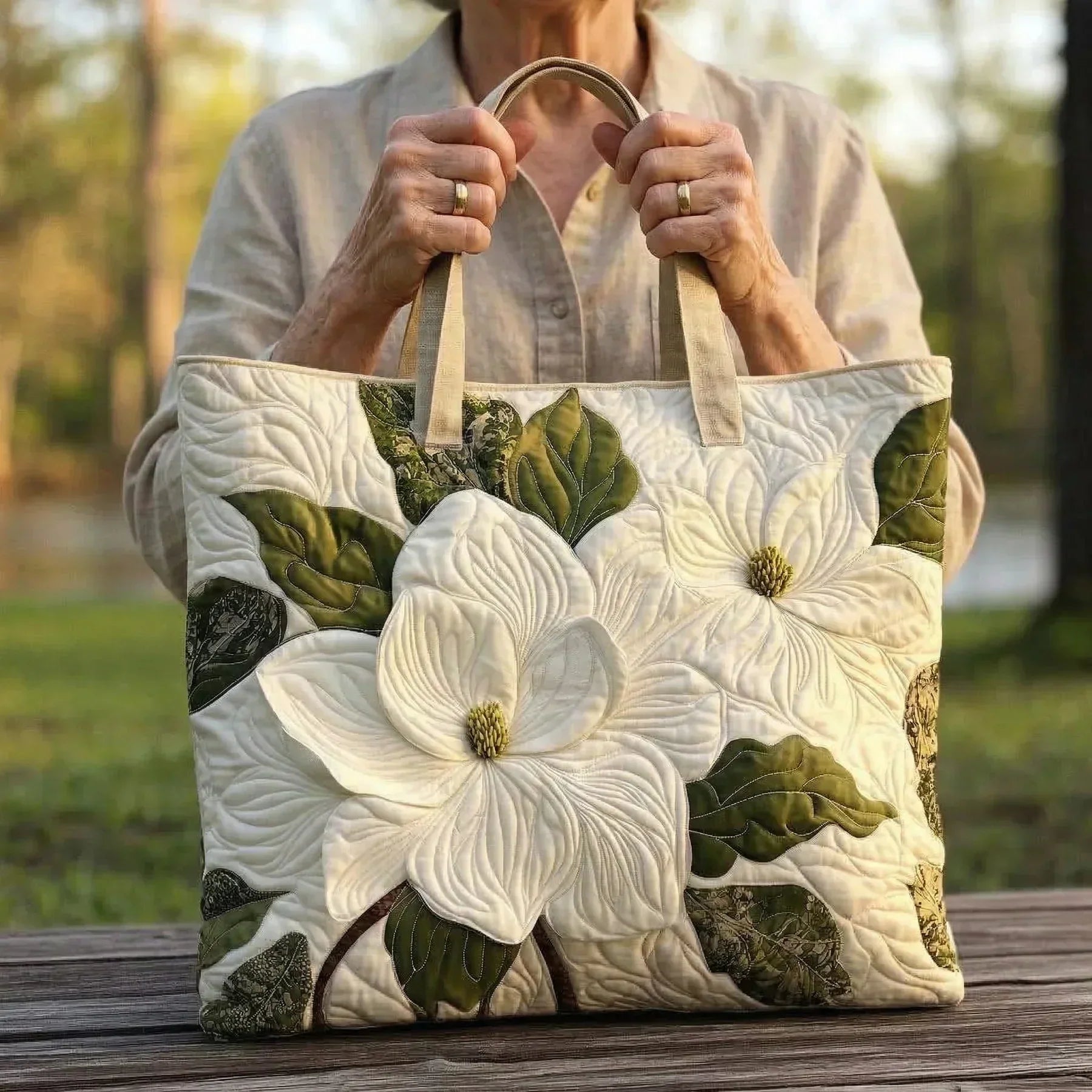 Quilted Handcrafted Bag - White Magnolias