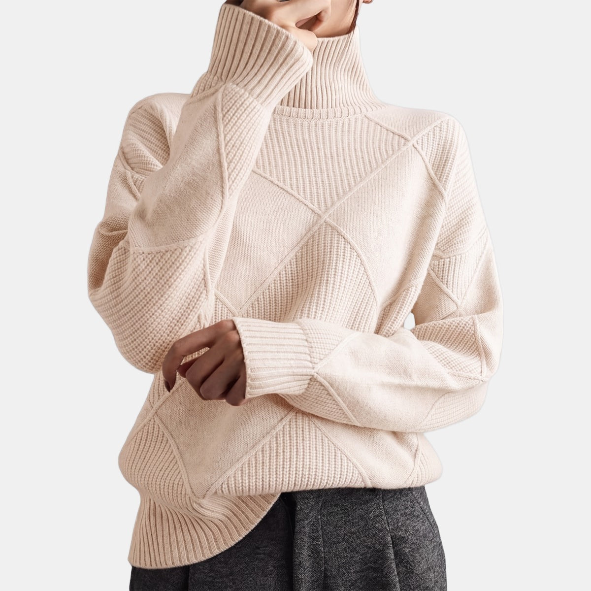 Quilted High-Neck Jumper Beige, studio photo