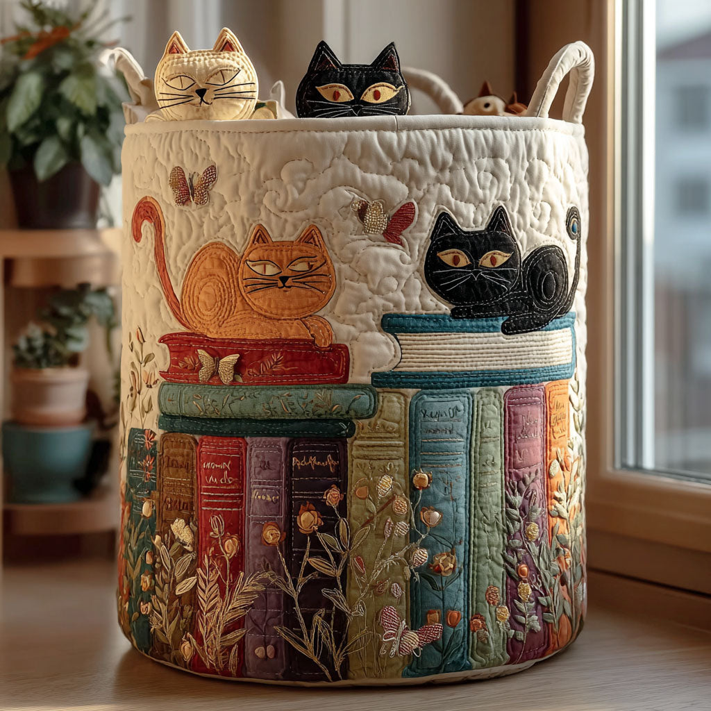 Quilted Laundry Basket - Cats and Books