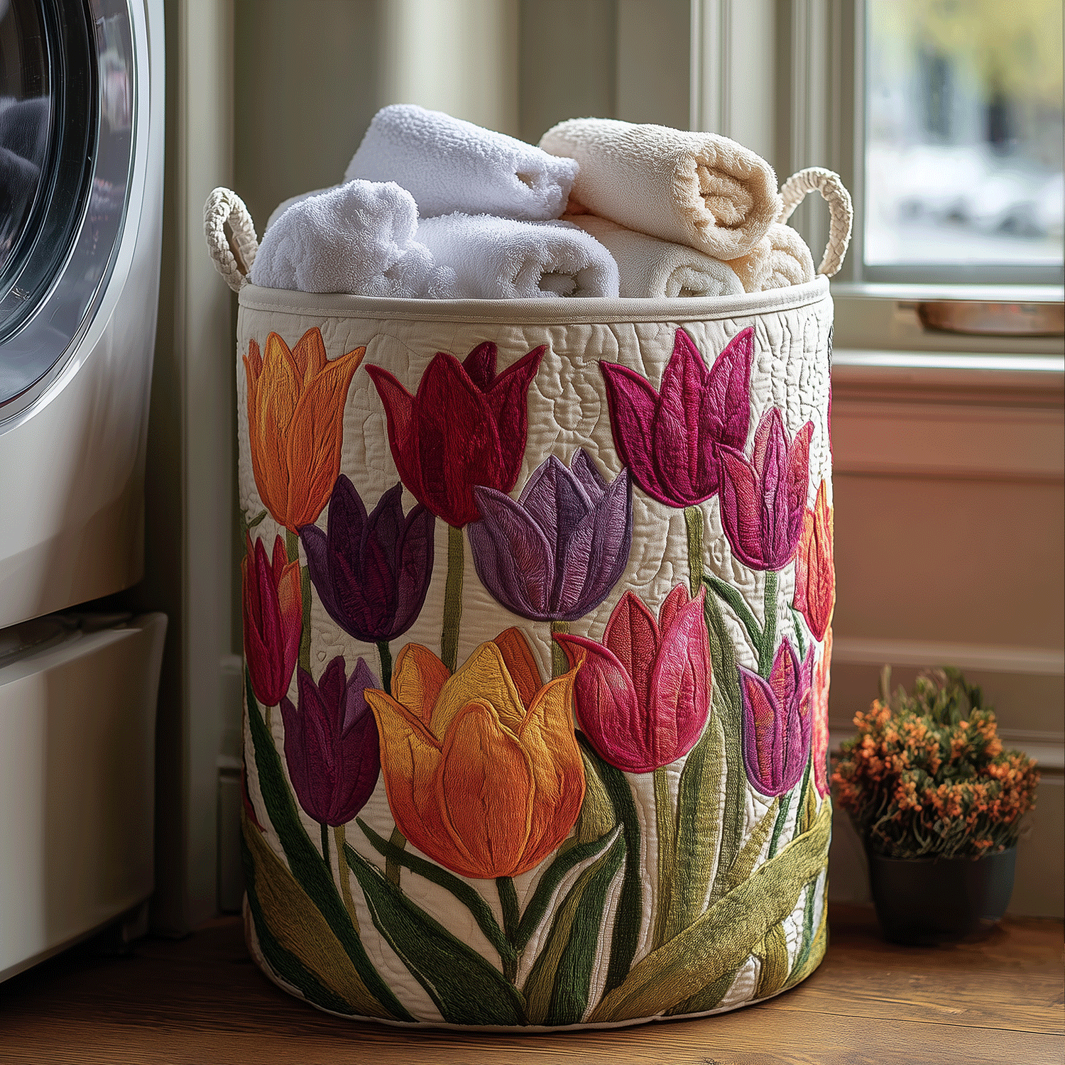 Quilted Laundry Basket - Colourful Tulips