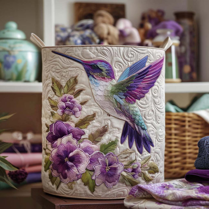 Quilted Laundry Basket - Hummingbird and Mauve Flowers
