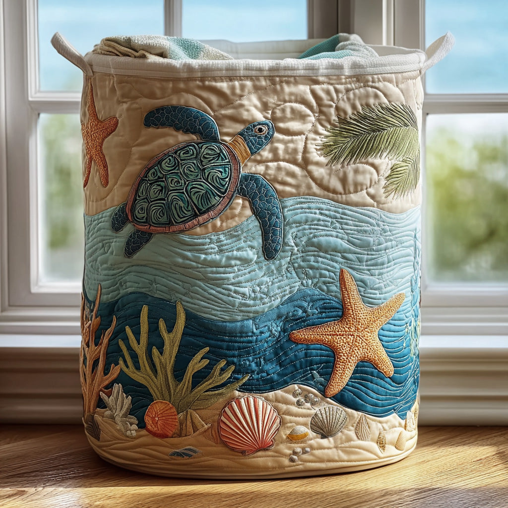 Quilted Laundry Basket - Turtle and Seashells