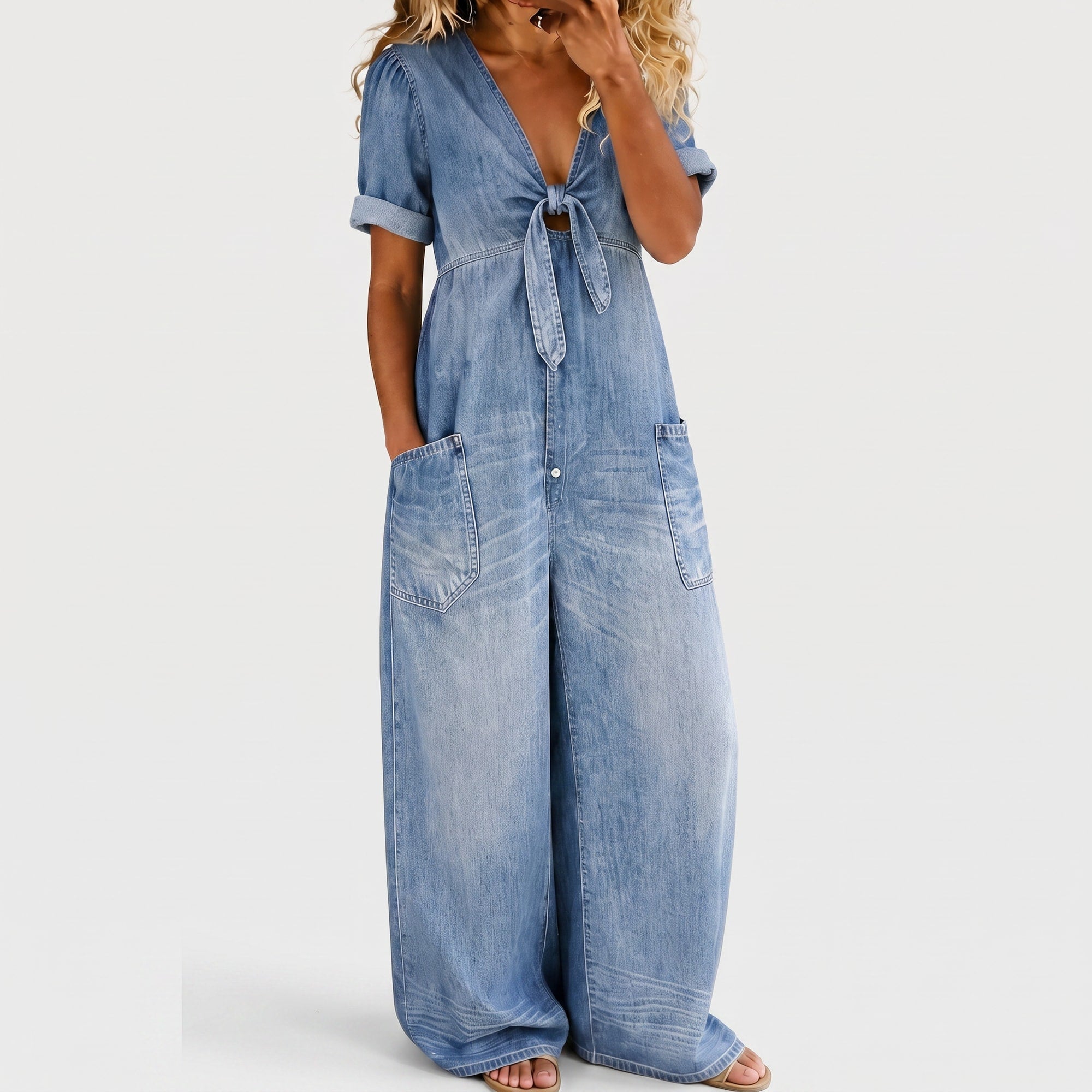 Quinn | Women's V-Neck Denim Jumpsuit Light Blue, photo studio