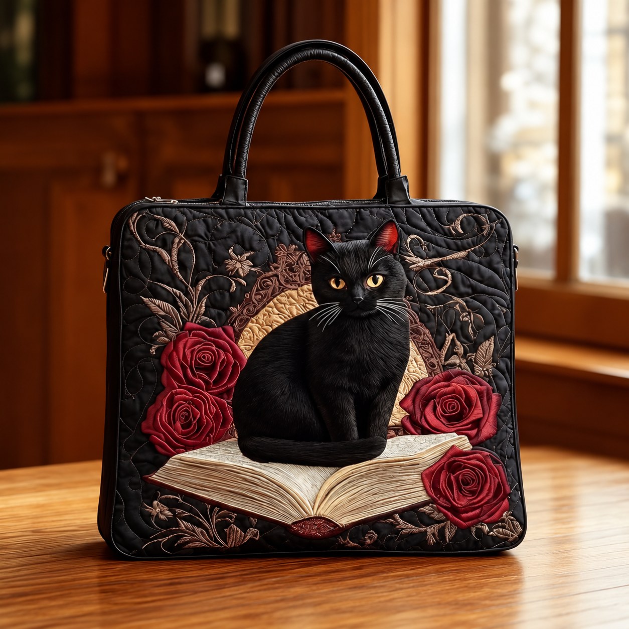 Quilted Handcrafted Bag - Black Cat with Book and Roses