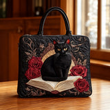 Rhonda | Quilted Top-Handle Bag with a Cat, Book and Roses