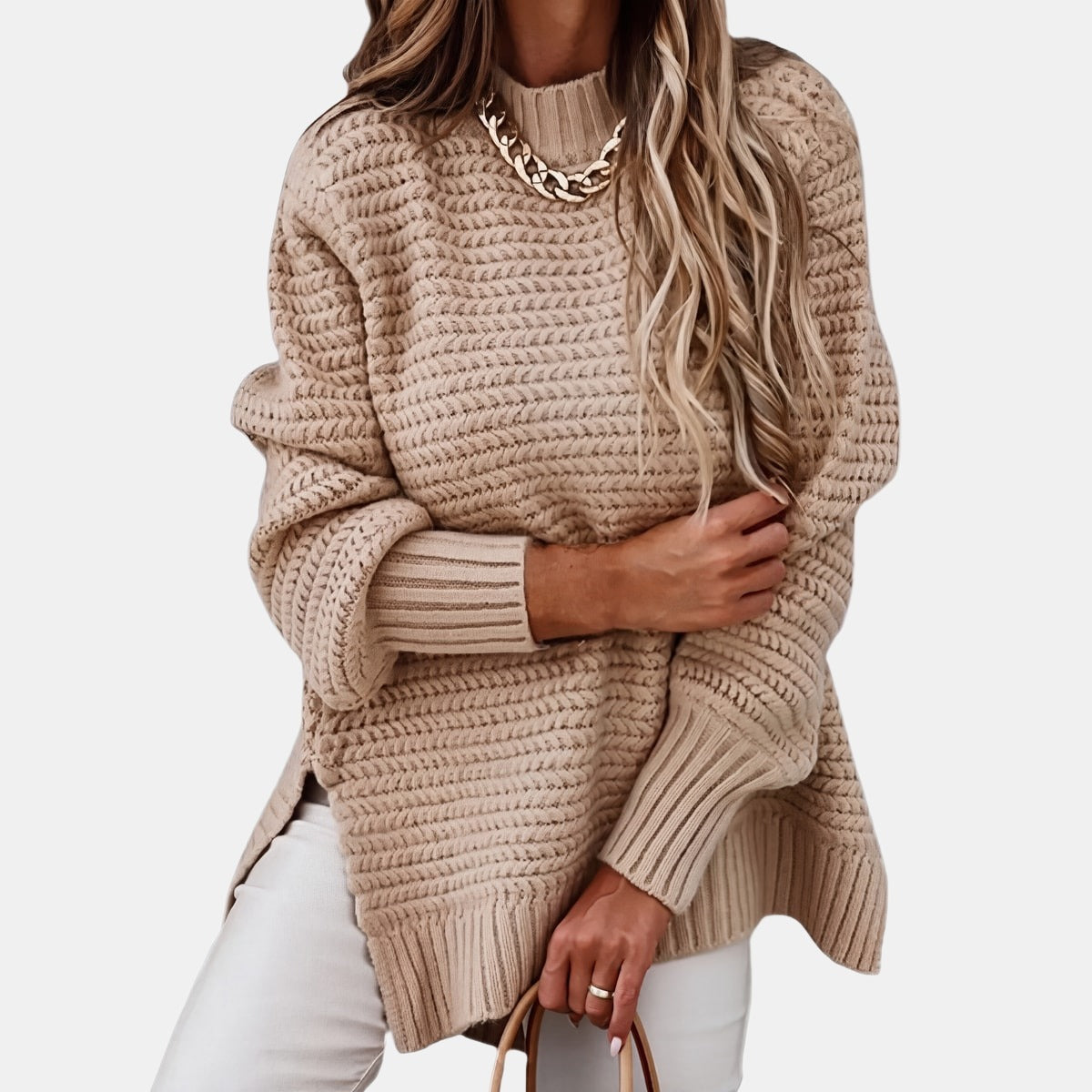 Ribbed Cashmere-Feel Jumper Khaki, studio photo