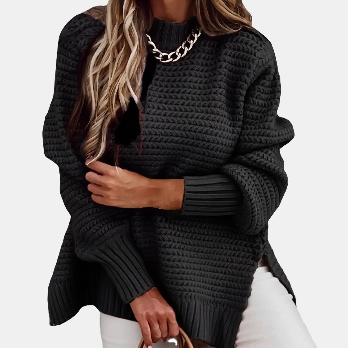 Ribbed Cashmere-Feel Jumper Black, studio photo