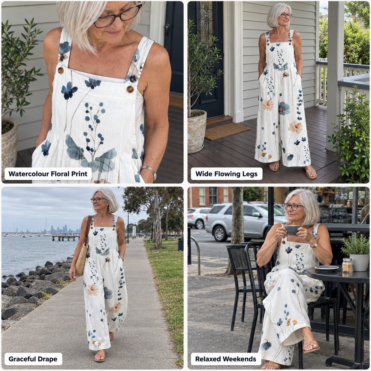 Rochelle | Women's Wide-Leg Watercolour Wildflower Overalls