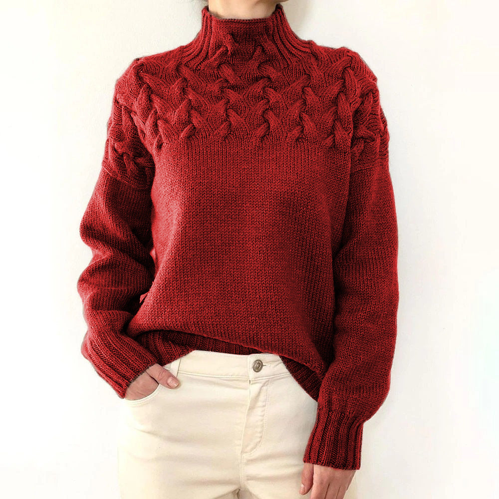 Brown Cable Knit High-Neck Jumper Red, studio photo