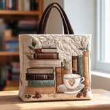 Roisin | Quilted Tote Bag with Books and a Coffee Cup