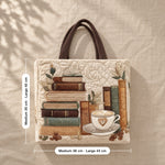 Roisin | Quilted Tote Bag with Books and a Coffee Cup