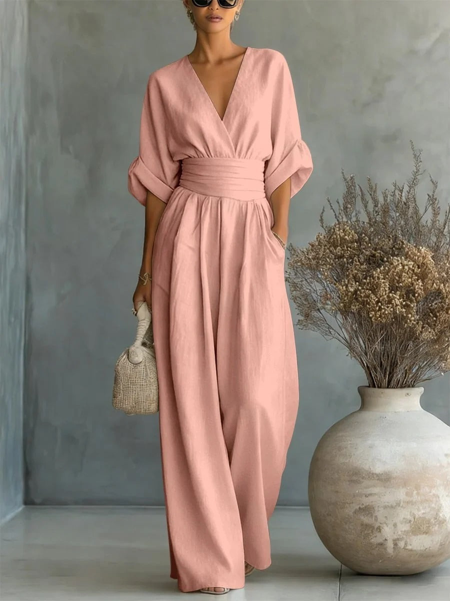 Nancy | Flowy Belted-Waist Maxi Dress Pink, studio photo