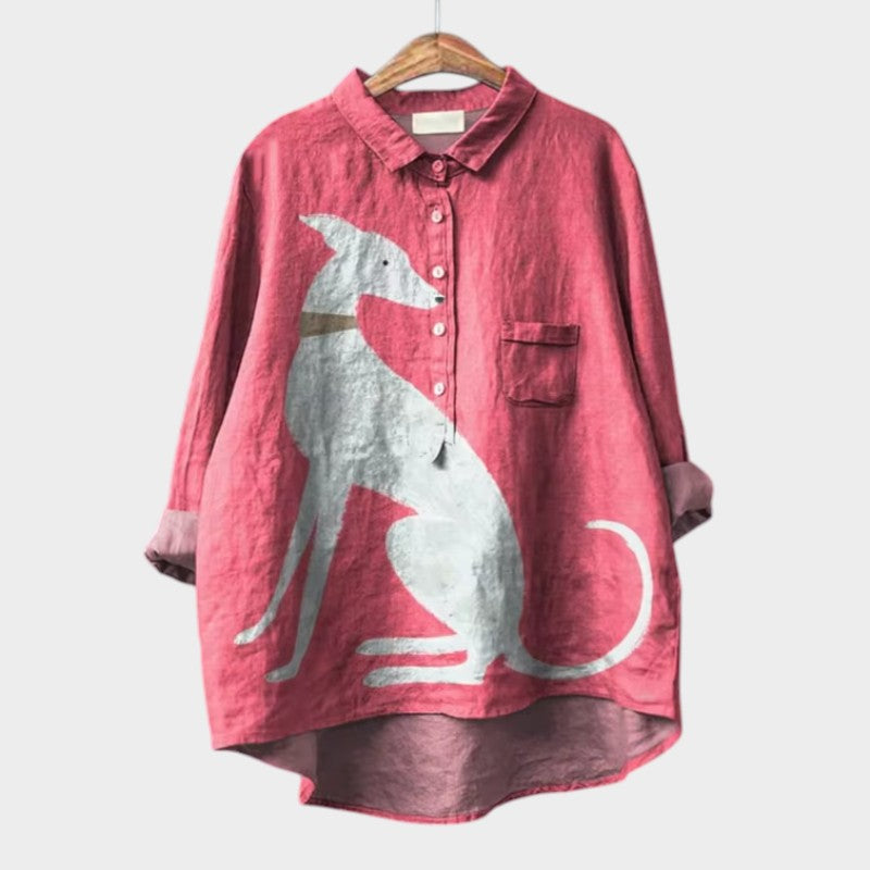 Elegant Summer Blouse in Blue Dachshund Print 2, photo studio