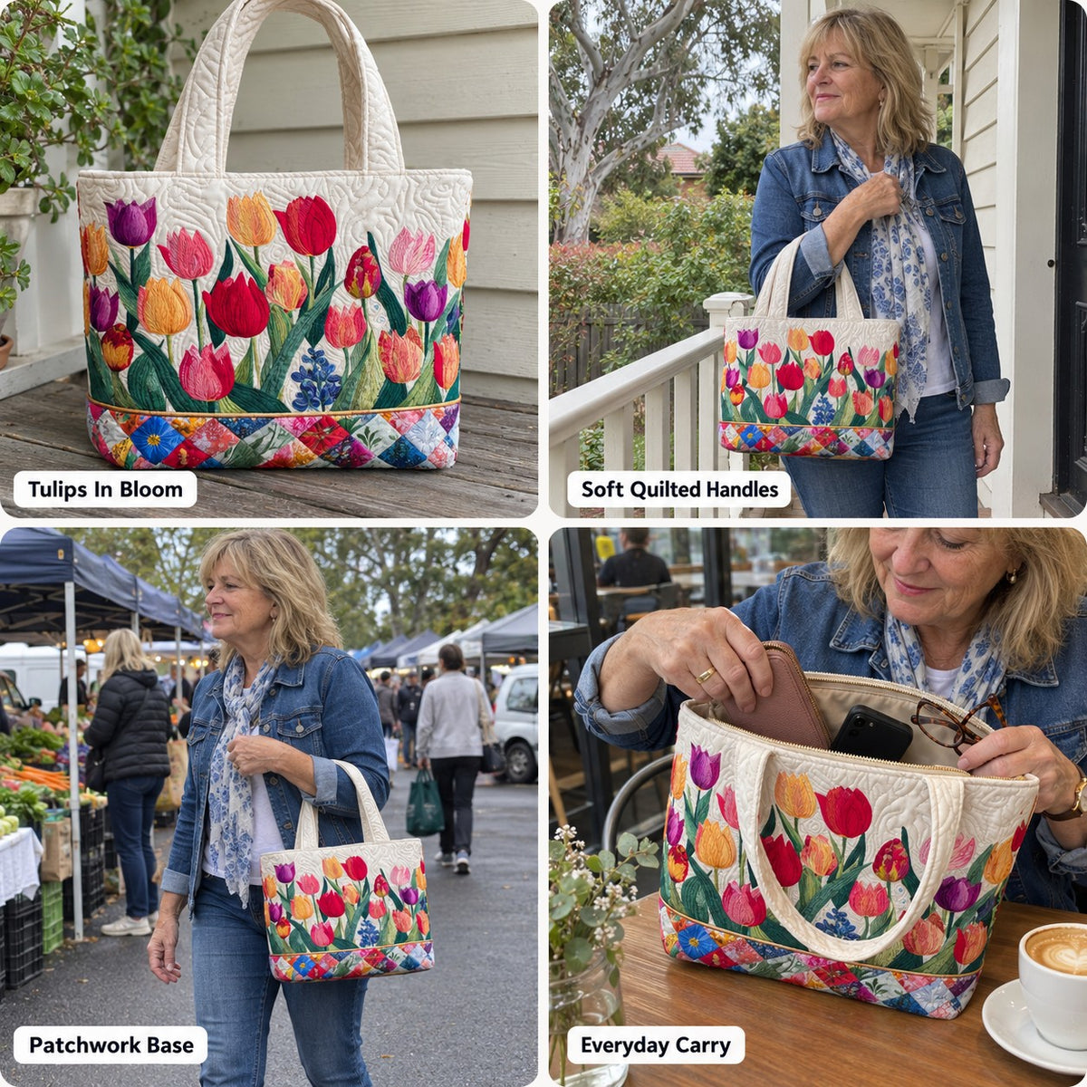 Rosalba | Quilted Handbag with Tulips and a Patchwork Base