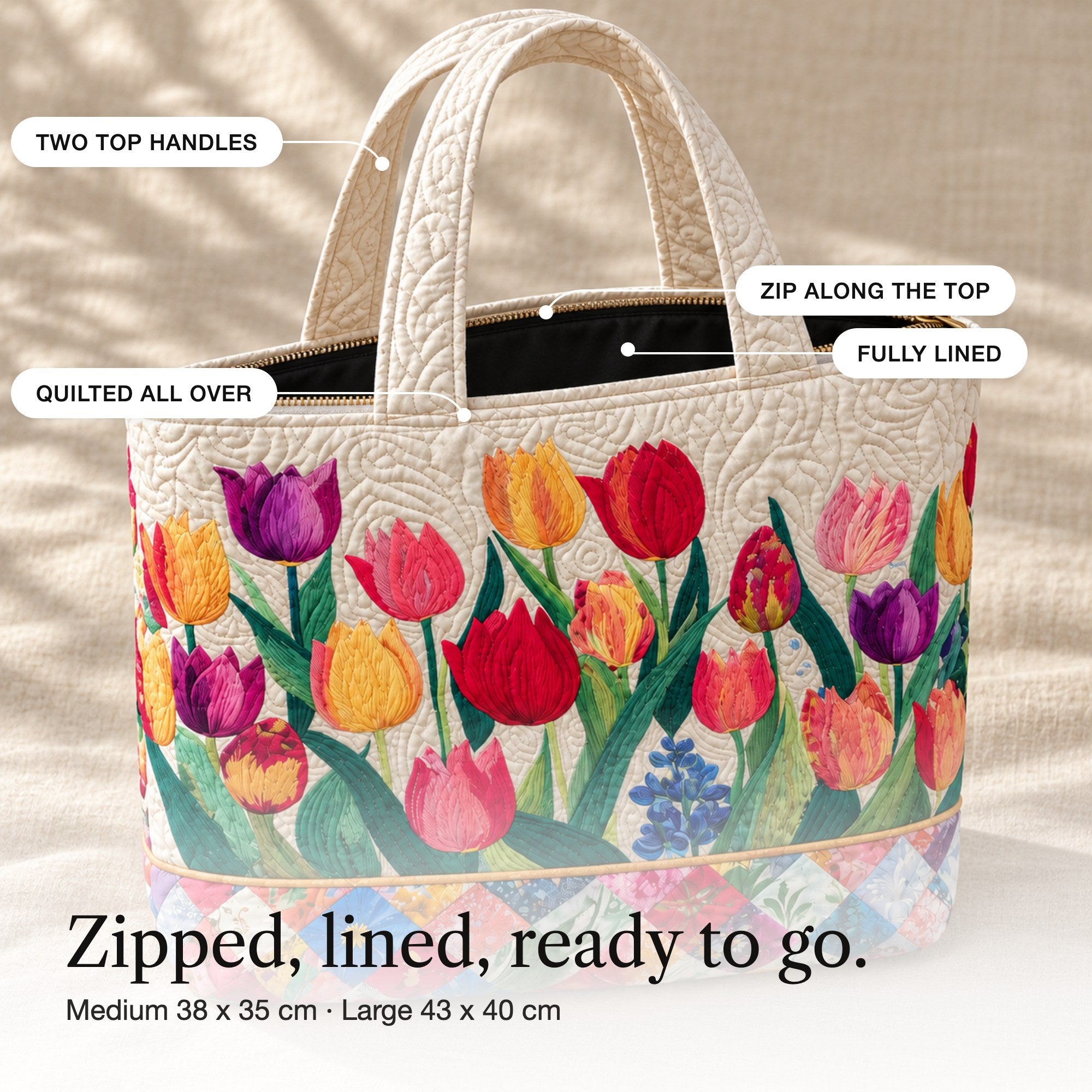 Rosalba | Quilted Handbag with Tulips and a Patchwork Base, detail