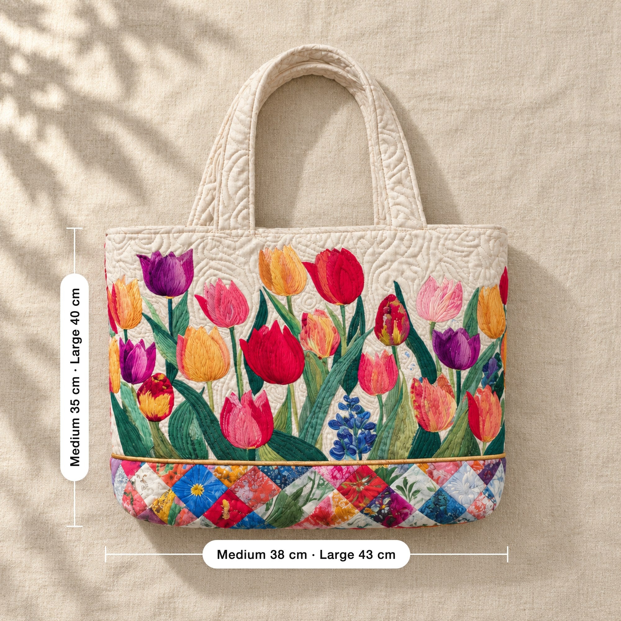 Rosalba | Quilted Handbag with Tulips and a Patchwork Base, flat lay with sizes