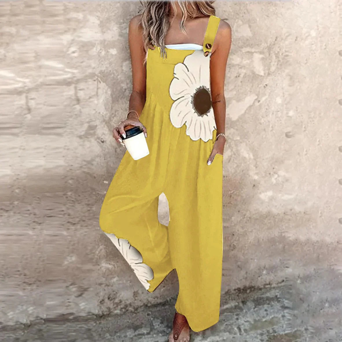 Salome | Women's Sleek Boho Contrast Floral Overalls Yellow, photo studio