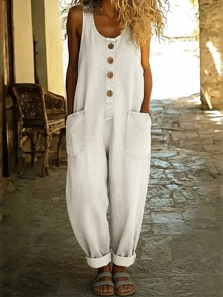 Vintage Denim Overalls with Large Pockets White, studio photo