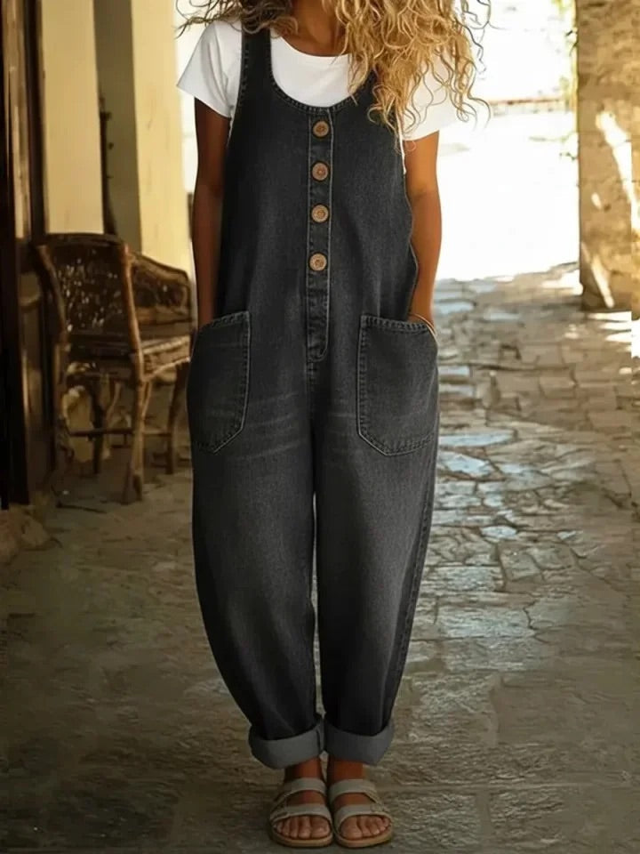 Vintage Denim Overalls with Large Pockets Black, studio photo