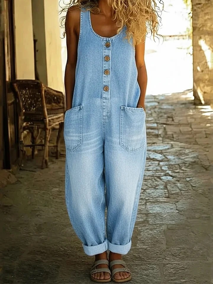 Vintage Denim Overalls with Large Pockets Light Blue, studio photo