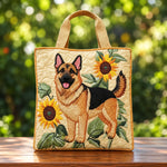 Senara | Quilted Tote Bag with a German Shepherd and Sunflowers
