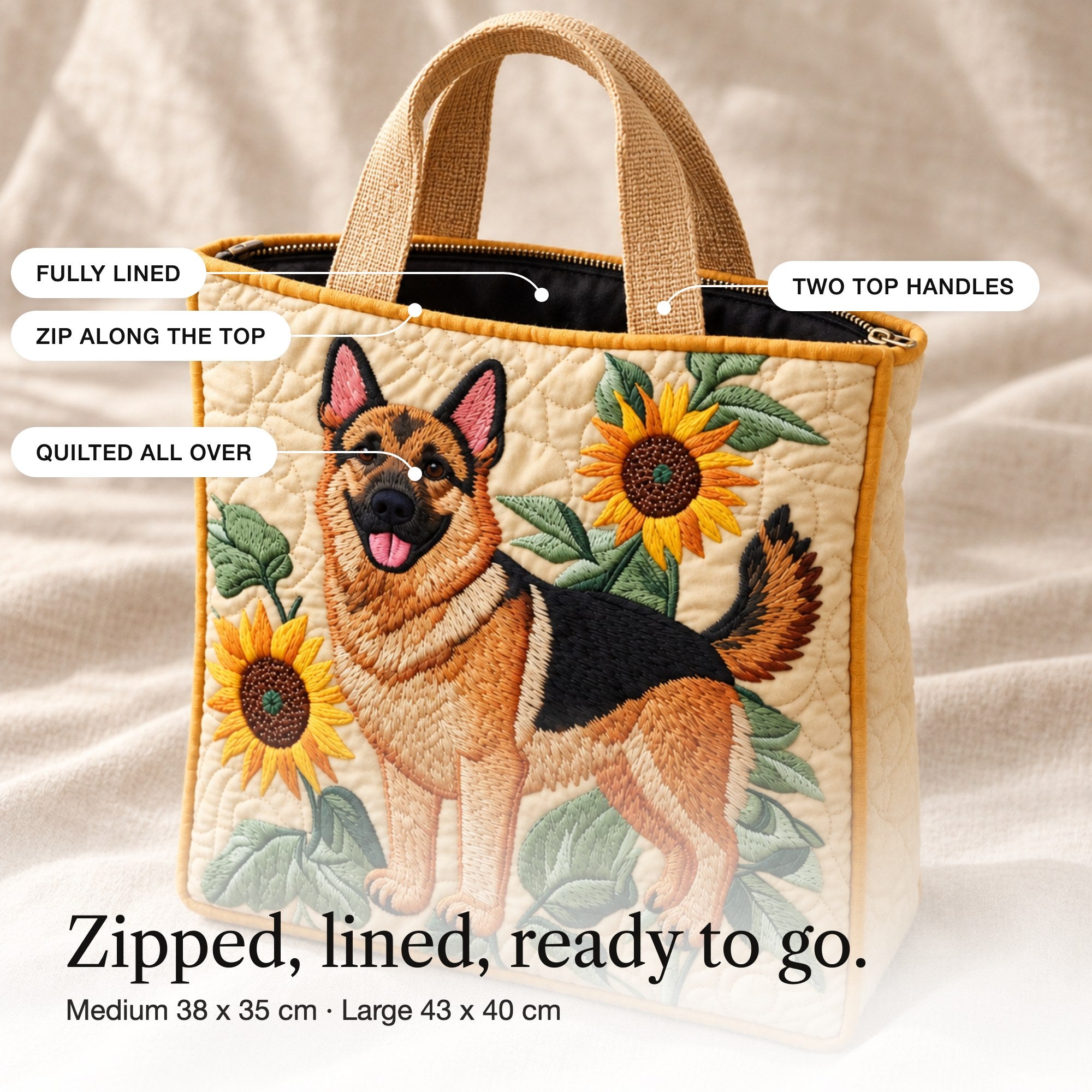 Senara | Quilted Tote Bag with a German Shepherd and Sunflowers, detail