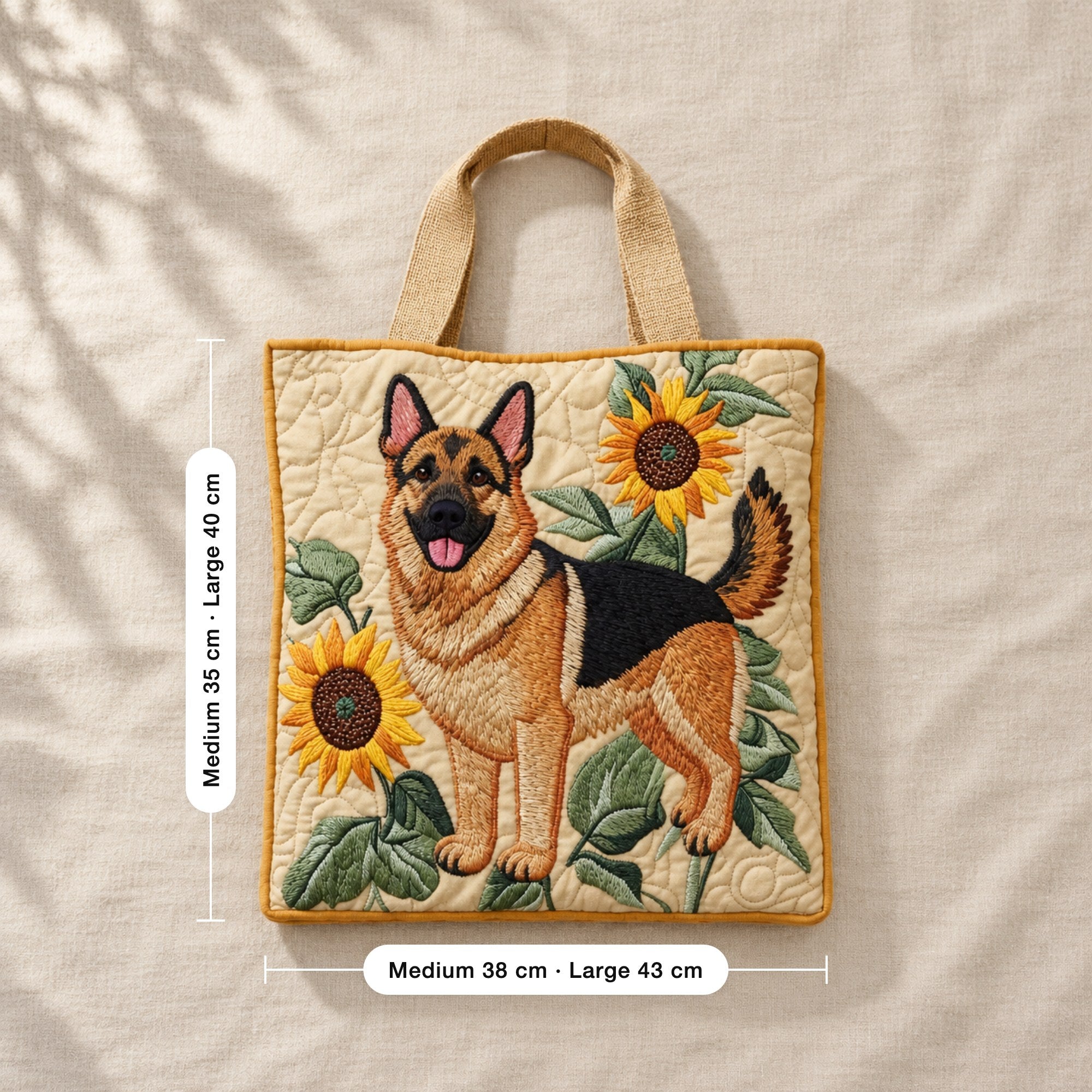 Senara | Quilted Tote Bag with a German Shepherd and Sunflowers, flat lay with sizes