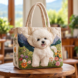Shona | Quilted Tote Bag with a Bichon Frise in a Meadow