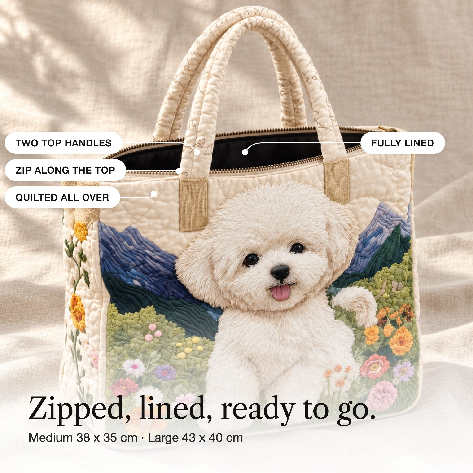 Shona | Quilted Tote Bag with a Bichon Frise in a Meadow, detail